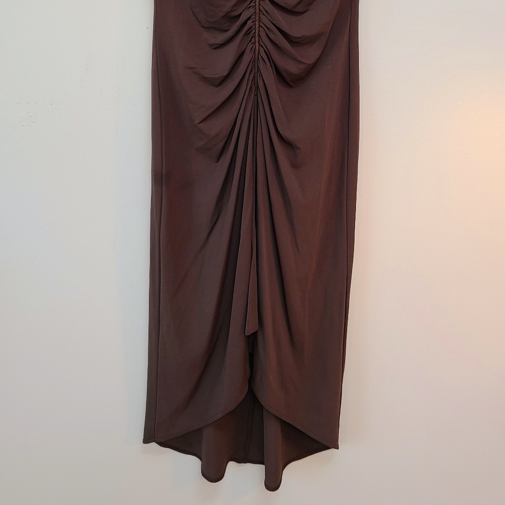 Celine Sable/Gray Ruched Deep V/ Zip Front Dress, Sz 40 - Picture 11 of 16